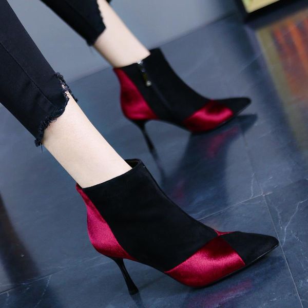 

boots 2021 winter temperament stitching fashion pointed stiletto heels versatile slim bare women, Black