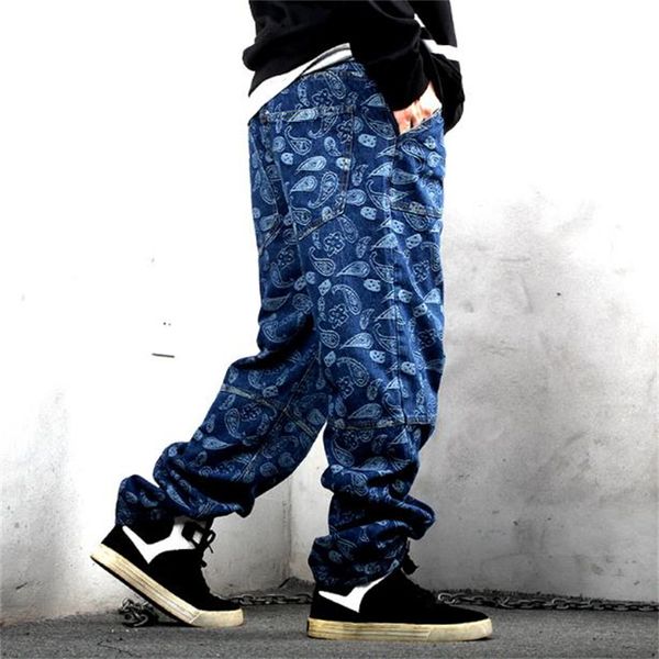 

trendy men plus size jeans loose baggy casual denim pants straight trousers hiphop harem jean streetwear mens clothing, Blue