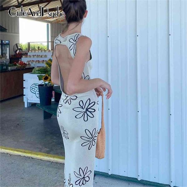 

floral print summer party y2k bodycon dress women vintage harajuku knitted dress backless skinny korean outfits cuteandpsycho, Black;white