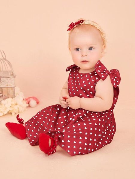 

baby confetti heart print bow shoulder keyhole back dress she, Red;yellow