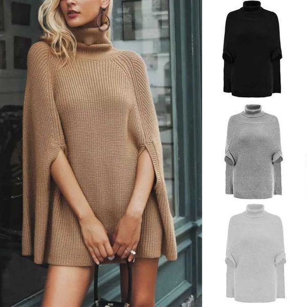 

women's thermal sweater 2021 cape knitted turtlene shawl coat, White;black