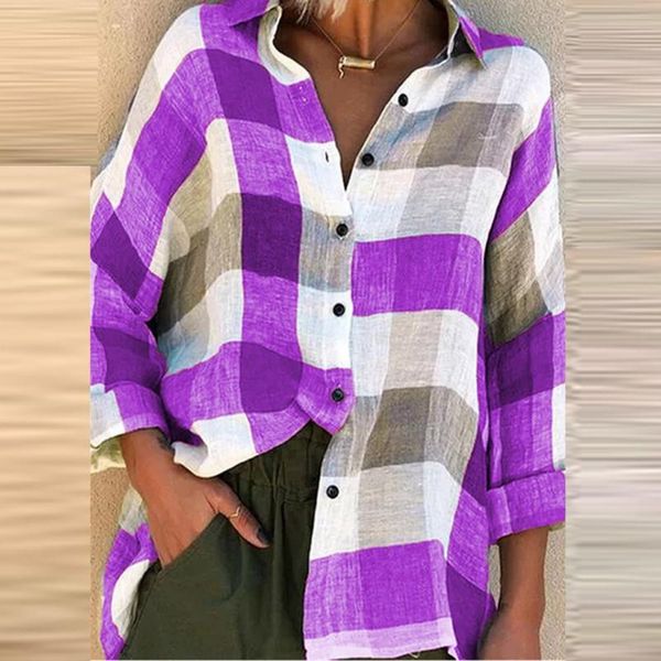 

2021 women fashion loose check print shirts female autumn lerisure long sleeves blouse pullovers #3, White