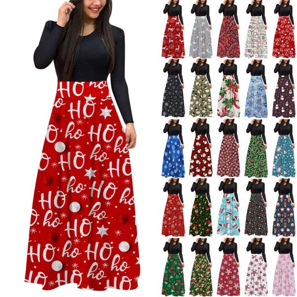 

casual dresses women's autumn christmas print maxi dress long sleeve ladies elegant for women, Black;gray