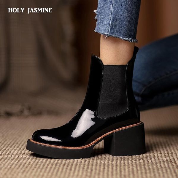 

boots platform chunky heels round toe ankle genuine leather vintage winter est shoes woman basic office women, Black