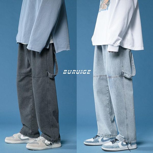 

men's jeans korean wide-leg fashion casual retro pocket men streetwear loose hip-hop straight denim trousers mens -2xl, Blue