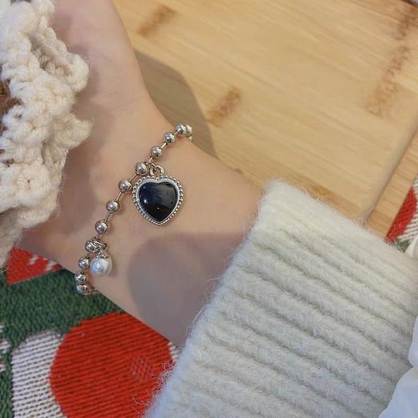 

link, chain heart bangles woman beads bracelets women simple elegant round pendat girl wedding jewellery trendy silver color metal pulseras, Black