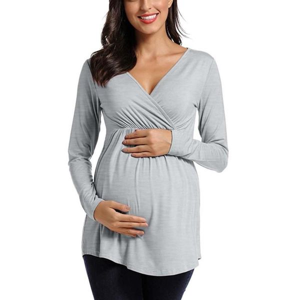 

maternity & tees nursing shirt solid color long sleeve v neck tunic for breastfeeding pregnant #20, White