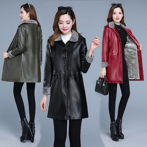 

autumn and winter 2020 new medium long leather jacket women's loose mom's plush thickened large foreign air cotton, Black