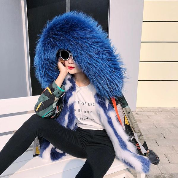 

women's fur & faux 2021 outerwear coats natural raccoon parker woman's big collar winter thickening warm, Black