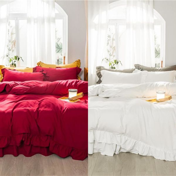 Cor Sólida Ruffled Branco Duveta Capa Folha de Cama Fronha Rainha Twin King Lavada Microfiber 3/4 pcs conjuntos de cama Soft Respirável C0223