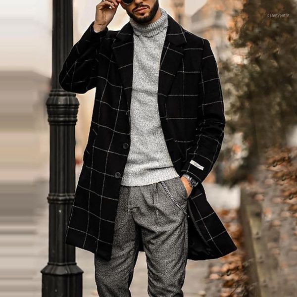 

men's trench coats woolen windbreaker coat 2021 single breasted thickened plaid jacket slim fit check windbreak long outwear men, Tan;black