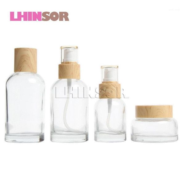 

storage bottles & jars 5pcs/lot wood grain cover transparent glass spray press pump bottle lotion cream cosmetic packing containers