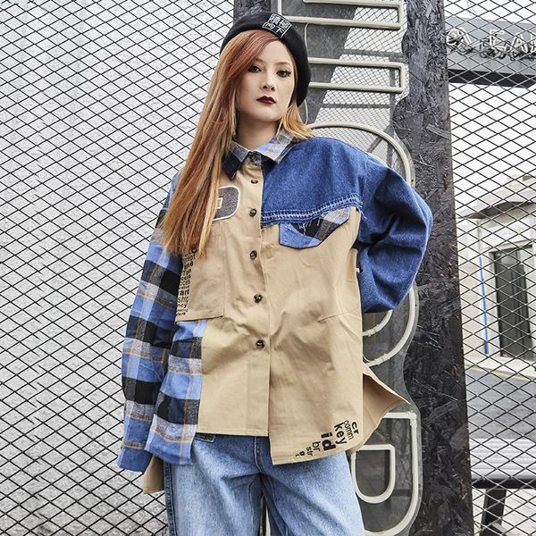 

2021 spring female turn down collar single breasted long-sleeved patchwork panelled plaid denim jacket cardigan coat 8y592, Black;brown