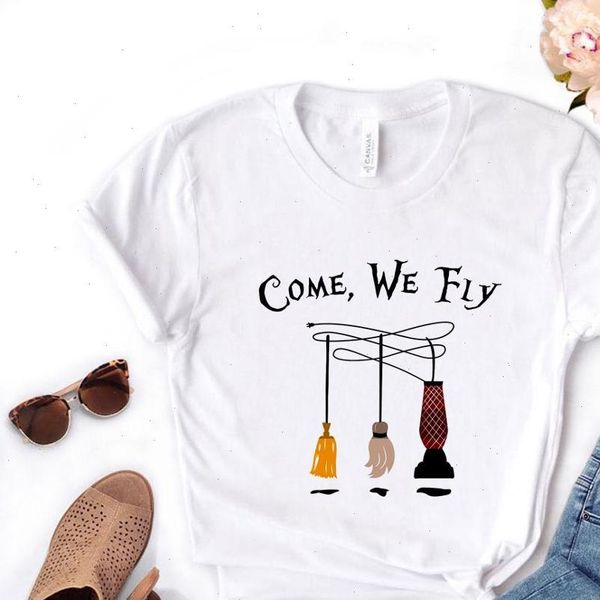 

women t shirt come we fly witches broom print tshirt women short sleeve o neck loose t shirt ladies causal tee shirt, White