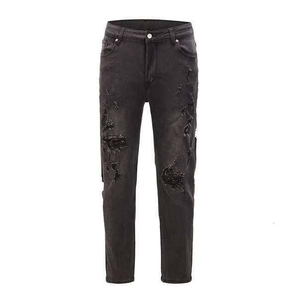 

2021 new harajuku streetwear washed man's jean holes destroy retro-loose straight casual denies hip hop baggy men's dokj, Blue