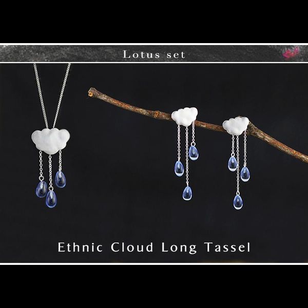 

bracelet, earrings & necklace lotus fun real 925 sterling silver handmade fine jewelry ethnic cloud long tassel set with drop earring pendan, Black