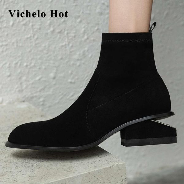 

boots vichelo large size sheep suede round toe special design high heel classic black stretch beauty lady ankle l95