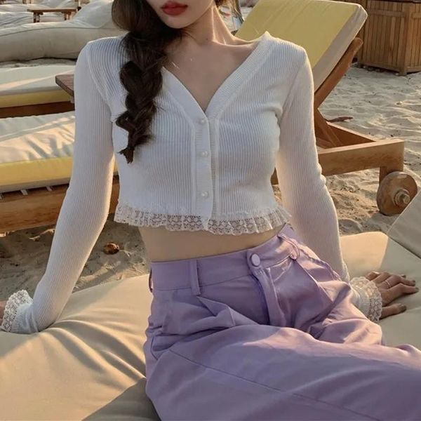 

women's knits & tees women v neck full sleeve lace patchwork knit crop cardigans autumn spring thin sweater ladies exposed navel slim, White