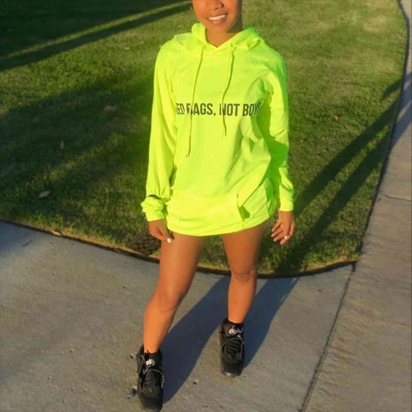 

harajuku fashion letter printed women hoodies pocket long sleeve pullover hooded streetwear fluorescent green femme, Black