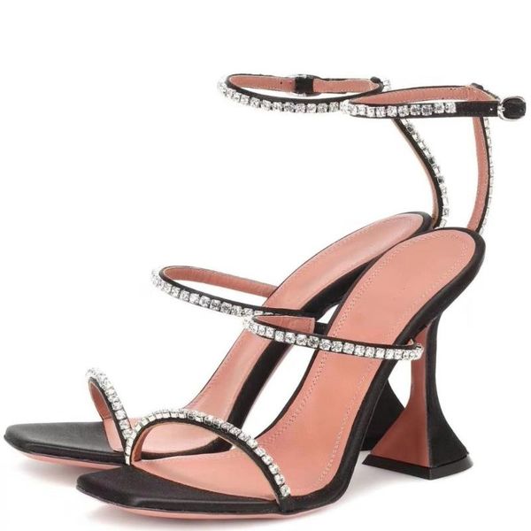 

classic 2021 summer sandal shoe strange cup heel 3 rhinestone strap spike-heels party women wedding fashion designer brands, Black