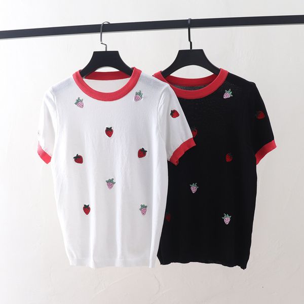 

t shirt 2021 summer short sleeve ice silk women's thin strawberry embroidery round neck fashion, White