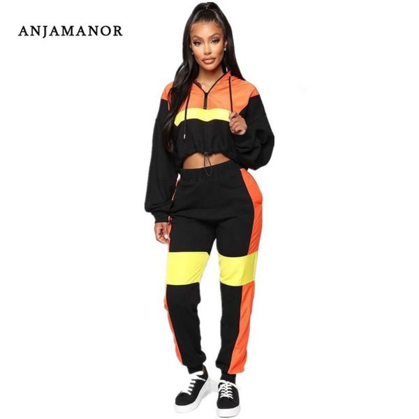 

two piece dress anjamanor neon color block hoodie tracksuit women matching sets jogging outfits fall winter female sweat suits d47ah23, White