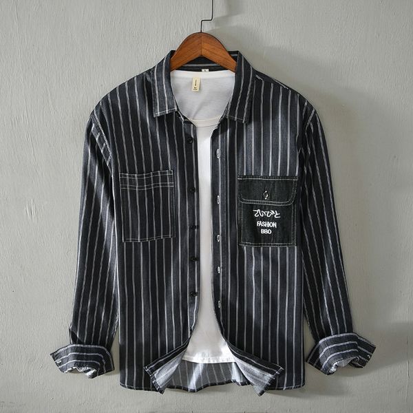 

2021 new autum and winter striped long-sleeve casual trendy shirts for men 100% cotton black shirt mens stripe chemise camisa lqcc, White;black