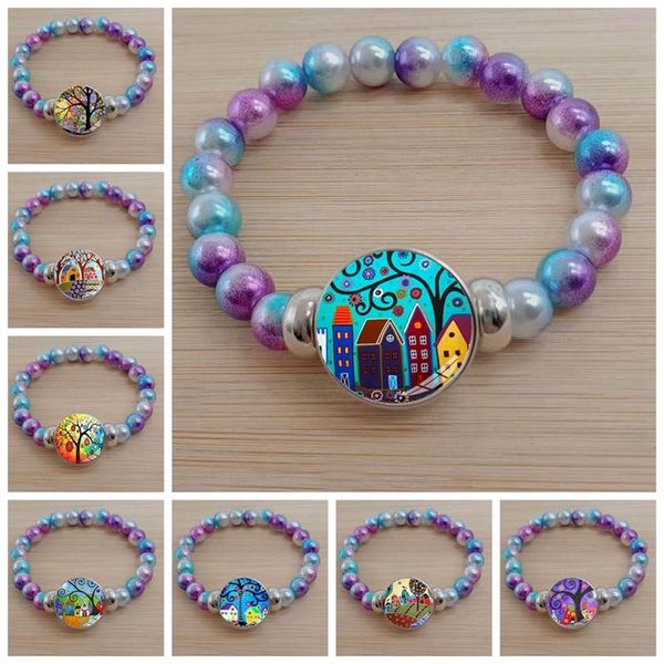 

beaded, strands abstract oil painting house and tree lady bracelet starry night glass cabochon lady's color bead, Black