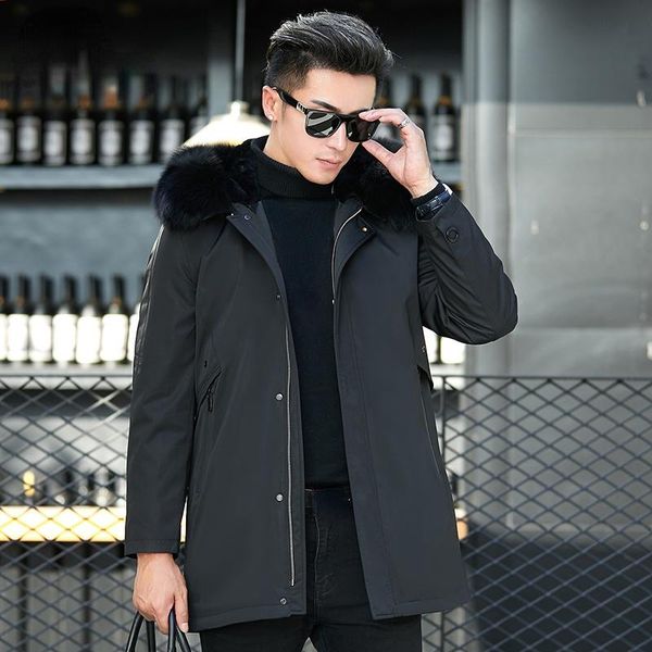 

men's leather & faux 2021 hooded warm thick real liner male parka autumn winter big collar jacket clothes abrigo hombre gxy989, Black