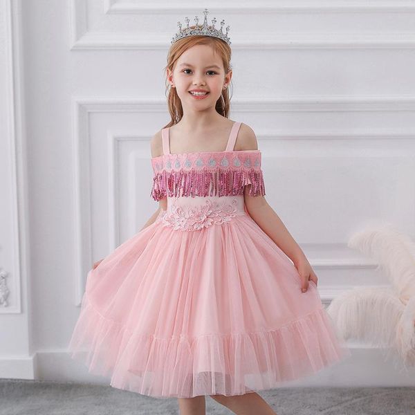 

girl's dresses 2021 girl sling dress sequined lace princess skirt one-word shoulder flower children's wedding performs a pompeid, Red;yellow