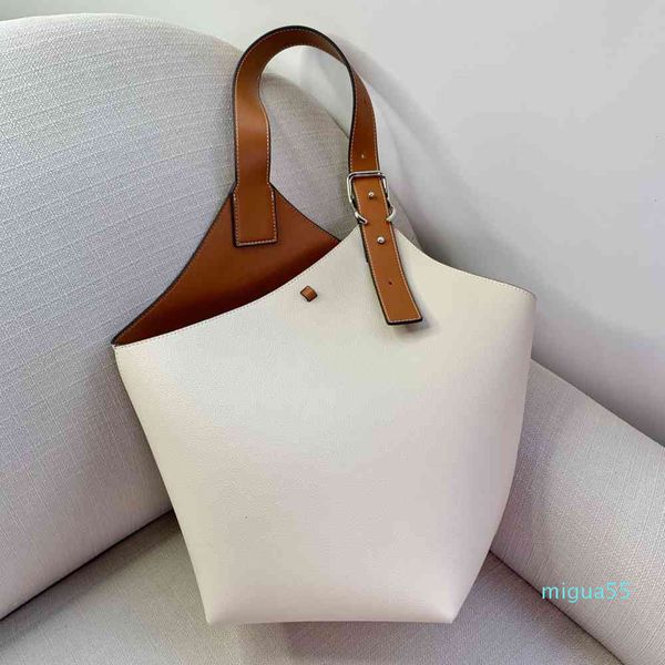 

leather color contrast large capacity wide shoulder strap bucket bag armpit simple women's one handbags