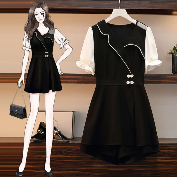 

large size women's fat sister 2021 summer improved cheongsam chinese style slim age reducing dress two piece suit, Black;gray