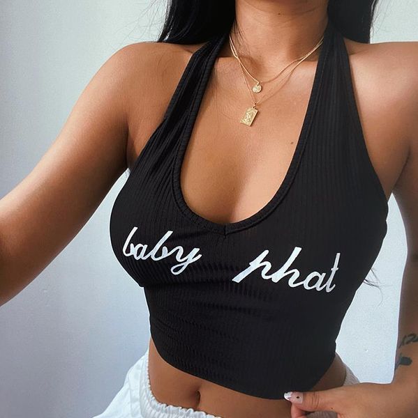 

women's tanks & camis halter tank ladies simple fashion backless v neck rib knit sleeveless letter print workout crop casual, White