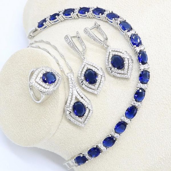 

wedding jewelry sets 925 sterling silver set for women blue stone with bracelet earrings necklace pendant ring gift box, Slivery;golden