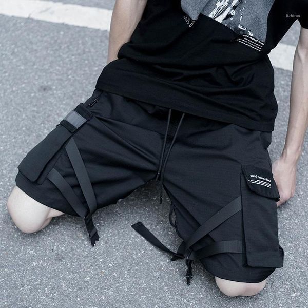 

men shorts black 3d multi pockets patchwork ribbons reflective cargo male street hip hop punk short pants casual men's, White;black