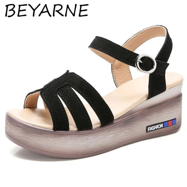 

sandals beyarnegenuine leather summer women shoes cow suede platform female slides ladies mother high heel 6.5cm san, Black