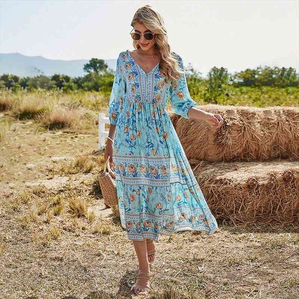 

ladies spring bohemia floral print dress women casual v neck high waist half sleeve long women summer dress female vestidos, Black;gray