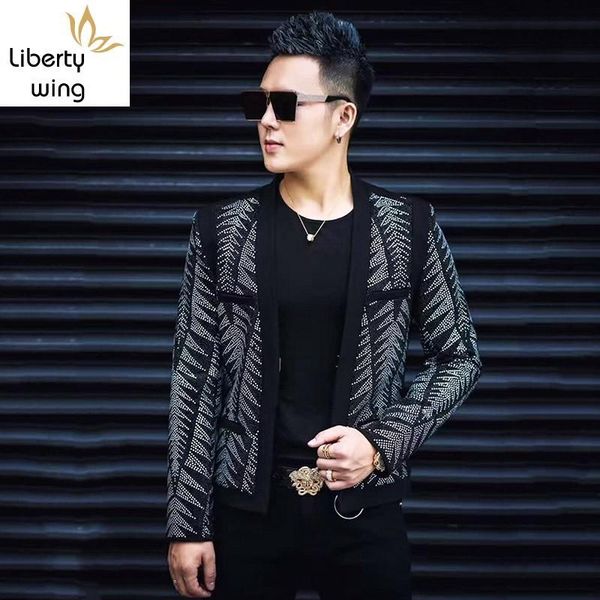 

men's jackets punk diamonds bling mens night show wear coats long sleeve covered button slim fit big size male cardigan, Black;brown