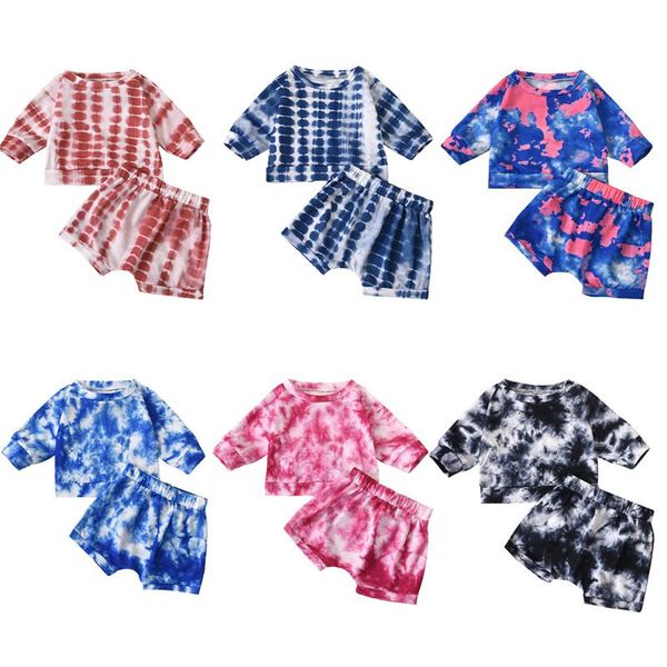 

clothing sets 2pcs fashion kids girls boys outfit summer autumn spring crew collar long sleeve random tie dyeing loose + casual shorts s, White