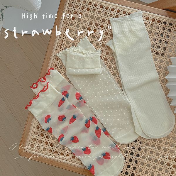 

summer thin transparent silk strawberry jk lolita lace socks, Red;black