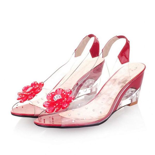 

transparent women wedges sandals high heels summer shoes floral peep toe sandals jelly shoes woman big size 34-43 xkd4283, Black