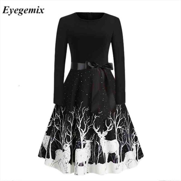 

plus size elegant printed christmas women dress black vintage casual midi o neck party dresses long sleeve robe vestidos, Black;gray