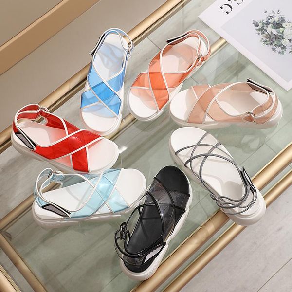 

sandals summer transparent plastic thick bottom sandal female cross belt casual platform shoes open toe women's fashion, Black