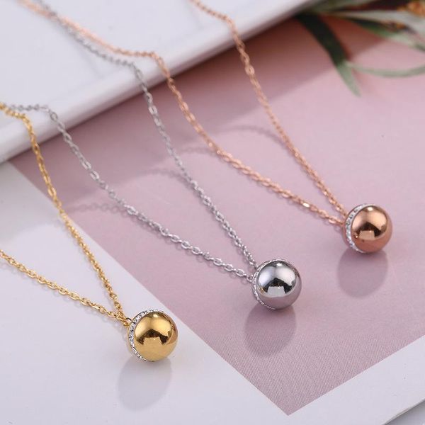 

chains 316l stainless steel gold-color round ball with rhinestone pendant necklace link chain fashion jewelry for women, Silver
