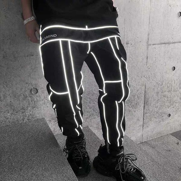 

men's pants men trousers reflective strip sports wear fashion drawstring hip hop capris mens cargo jogging man for male, Black