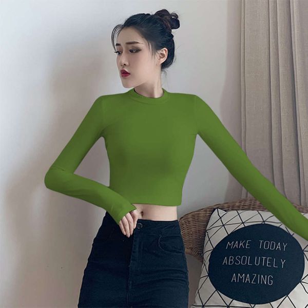 

avocado green half high collar open navel base shirt long sleeve short early autumn with t-shirt female corset thin style, White