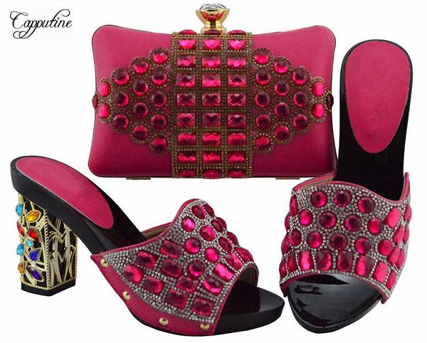 

dress shoes most fashion fuchsia with stones design high heel sandal purse handbag set for party lady fgt003 height 10cm, Black