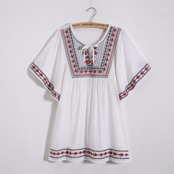 

woman girl summer casual loose embroidery vintage blouse shirt batwing sleeve v neck beach hippie boho tunic clothing women's blouses, White