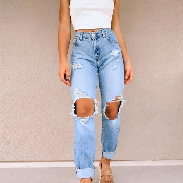 

high waist ripped hollow jeans women 2021 big hole bleached straight denim pants harajuku y2k casual streetwear ladies trousers, Blue