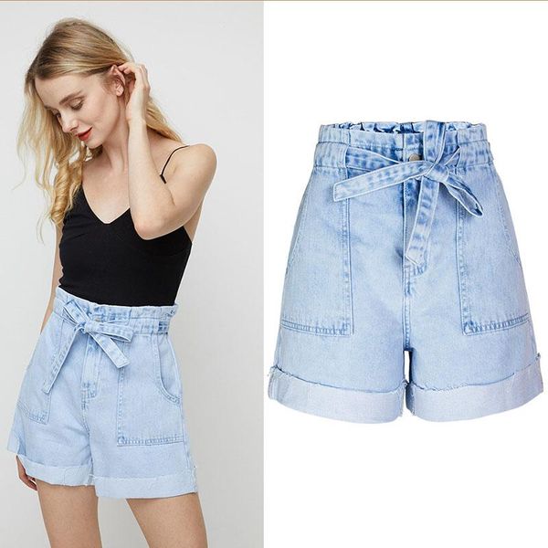 

women's jeans women summer denim shorts plus size cuffs washed drawstring solid pure cotton wide leg short 2021, Blue